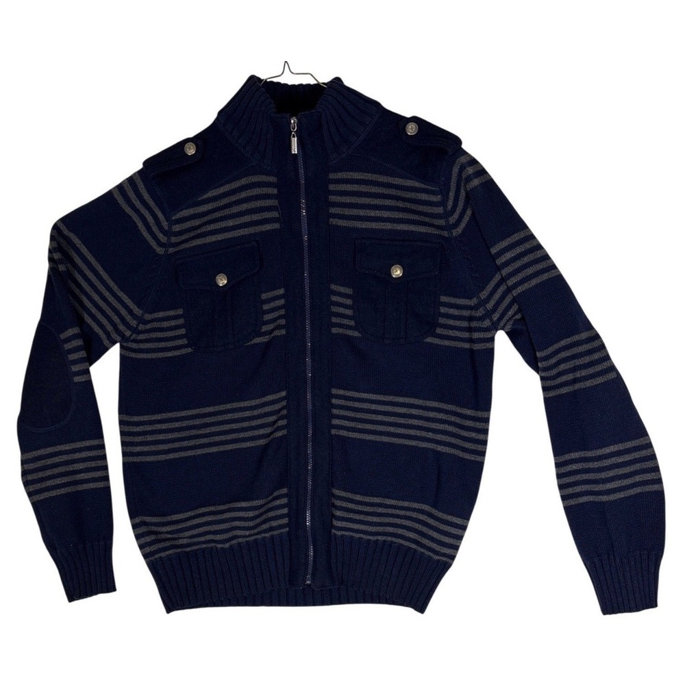 X Brand Mens Navy Blue Grey Striped Full Zip Mock Neck Cardigan Sweater Large